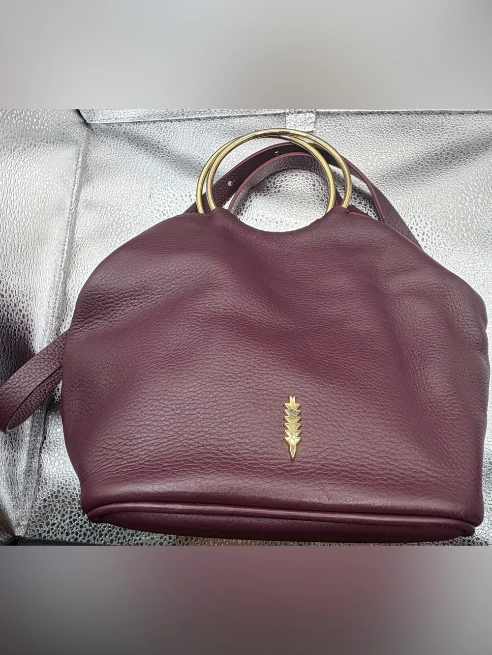 Thacker New York Bonnie O gold handle bucket Crossbody Purse burgundy Leather